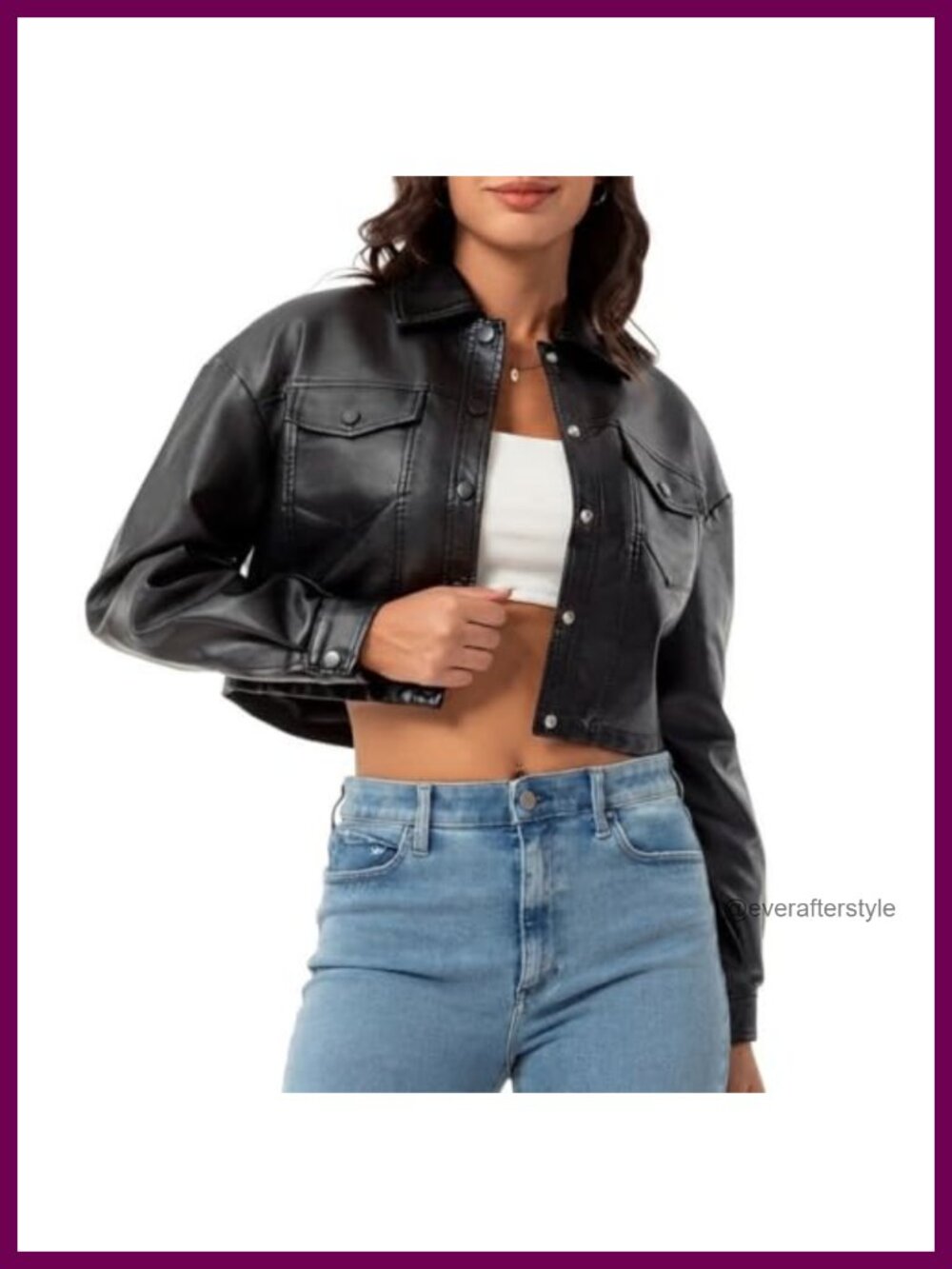 Faux Leather Cropped Moto Biker Jacket Button Down Point Collar